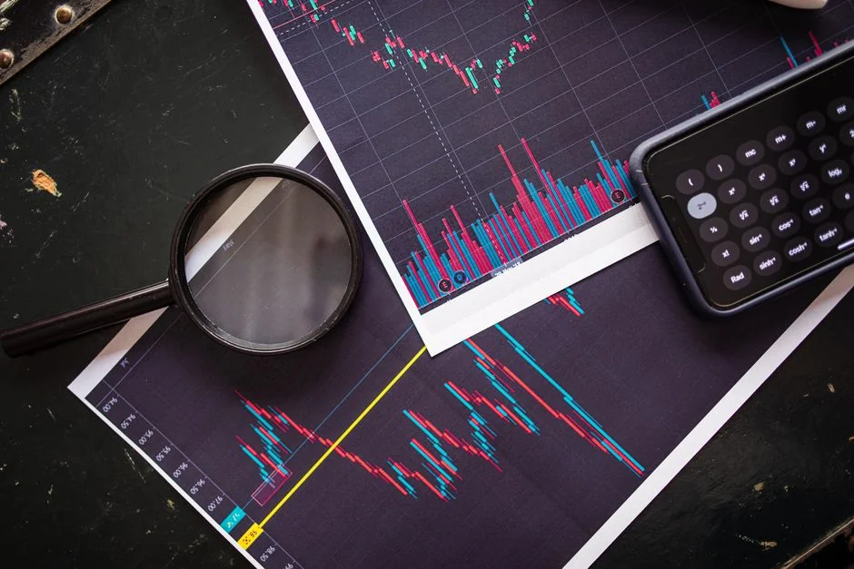 A contemporary workspace where hands review marketing data on a laptop alongside printed documents.